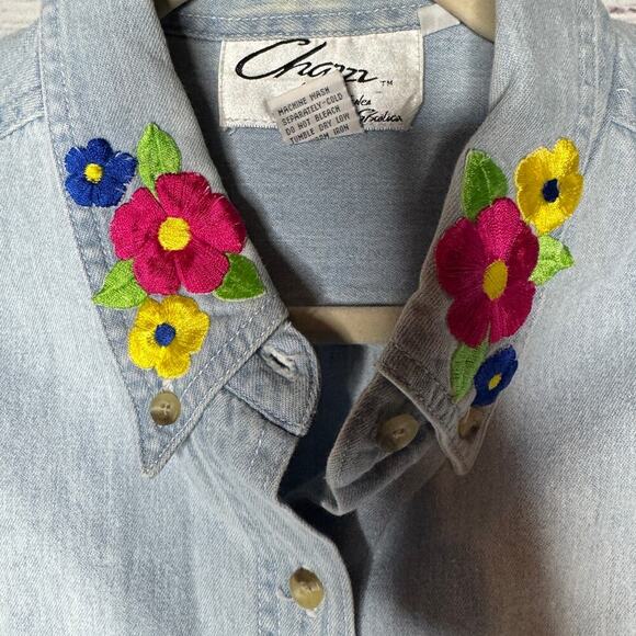Vintage Denim Sleeveless Button Down Floral Embroidered Shirt Lg - Picture 4 of 4